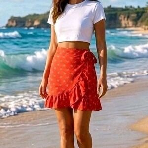 NWT BEACHGOLD Anthropology Bali Red Floral Ruffle Wrap Mini Skirt Pareo Size L